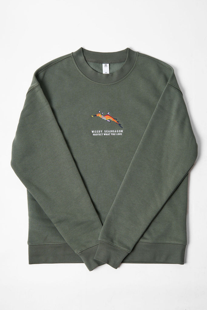 Kelp relax jumper with a weedy seadragon design and the Protect What You Love text 