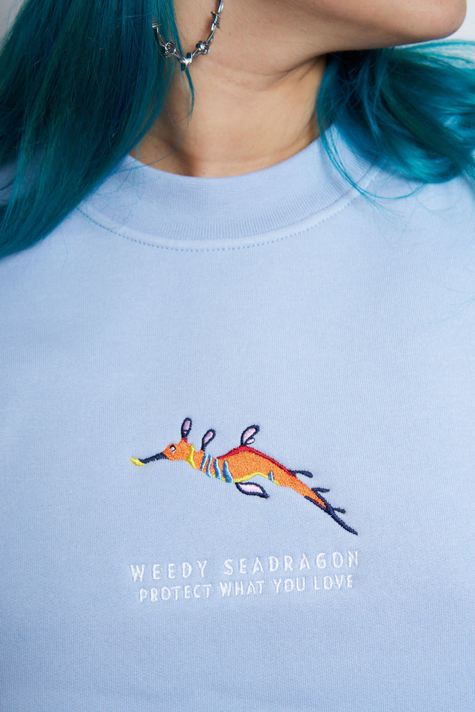 Female model wearing a Seafoam relax jumper with a weedy seadragon design and the Protect What You Love text. 