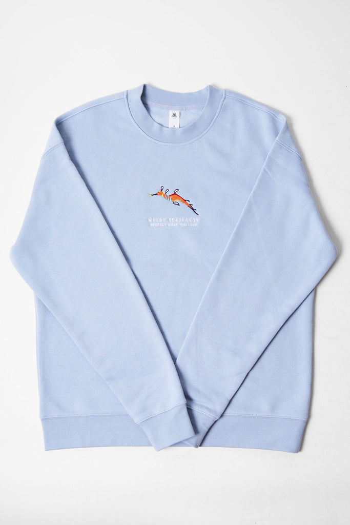 Seafoam relax jumper with a weedy seadragon design and the Protect What You Love text. 