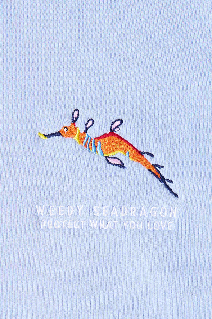 Seafoam relax jumper with a weedy seadragon design and the Protect What You Love text. 