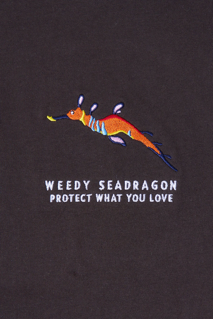 Charcoal t-shirt with a weedy seadragon design and the Protect What You Love text.
