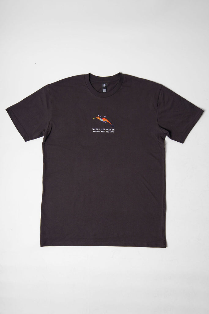 Charcoal t-shirt with a weedy seadragon design and the Protect What You Love text.