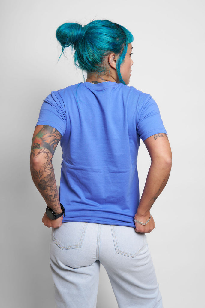 Female model wearing a Winter Blue t-shirt - back view