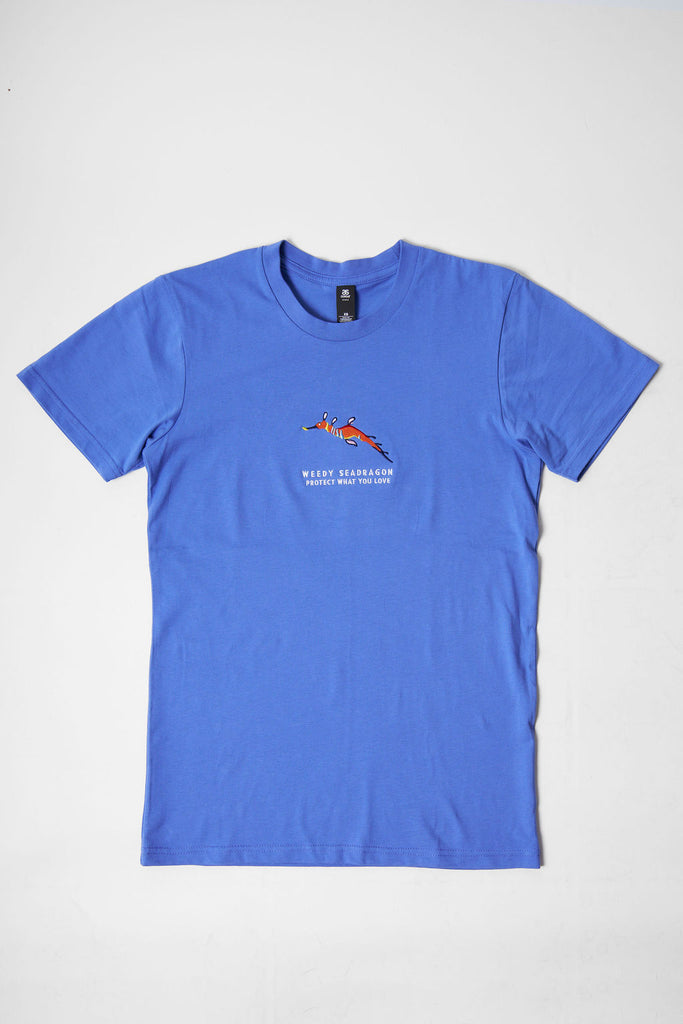 Winter Blue t-shirt with a weedy seadragon design and the Protect What You Love text.