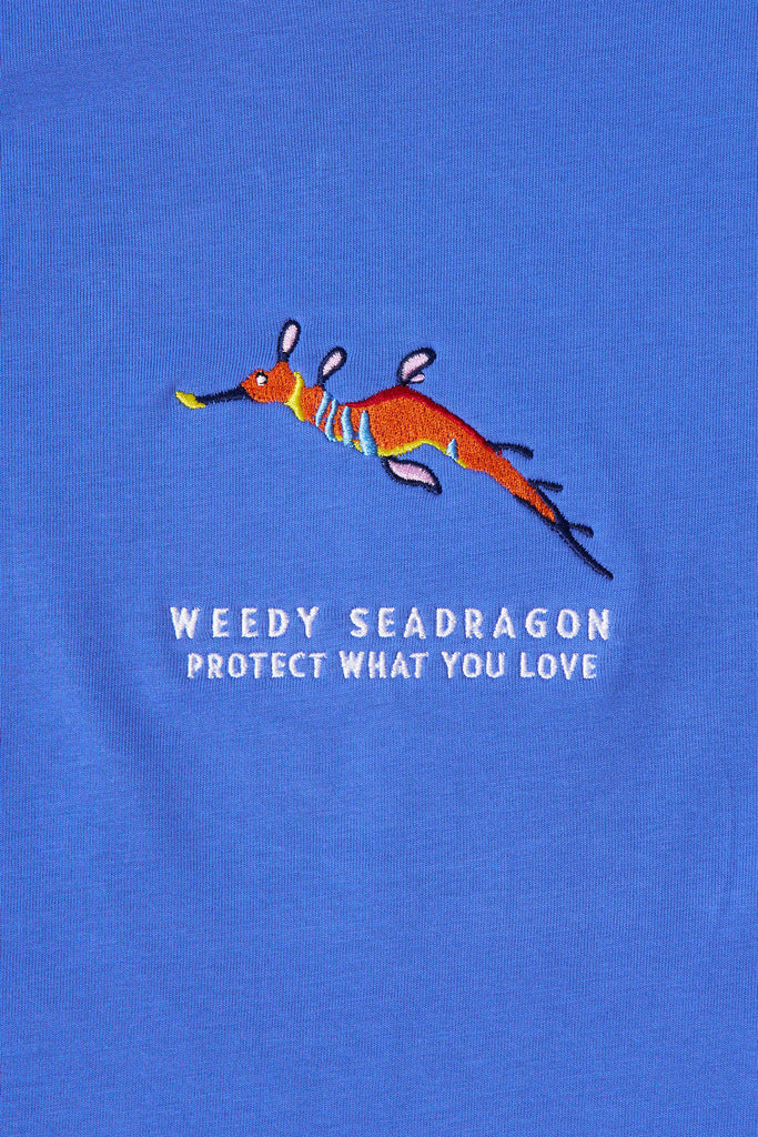 Winter Blue t-shirt with a weedy seadragon design and the Protect What You Love text.